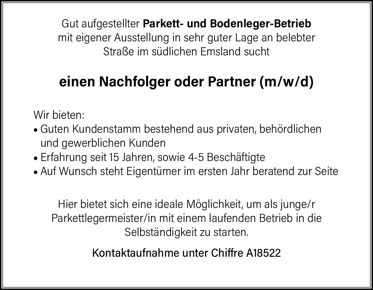 Nachfolger oder Partner (m/w/d) für Parkett- und Bodenlegerbetrieb