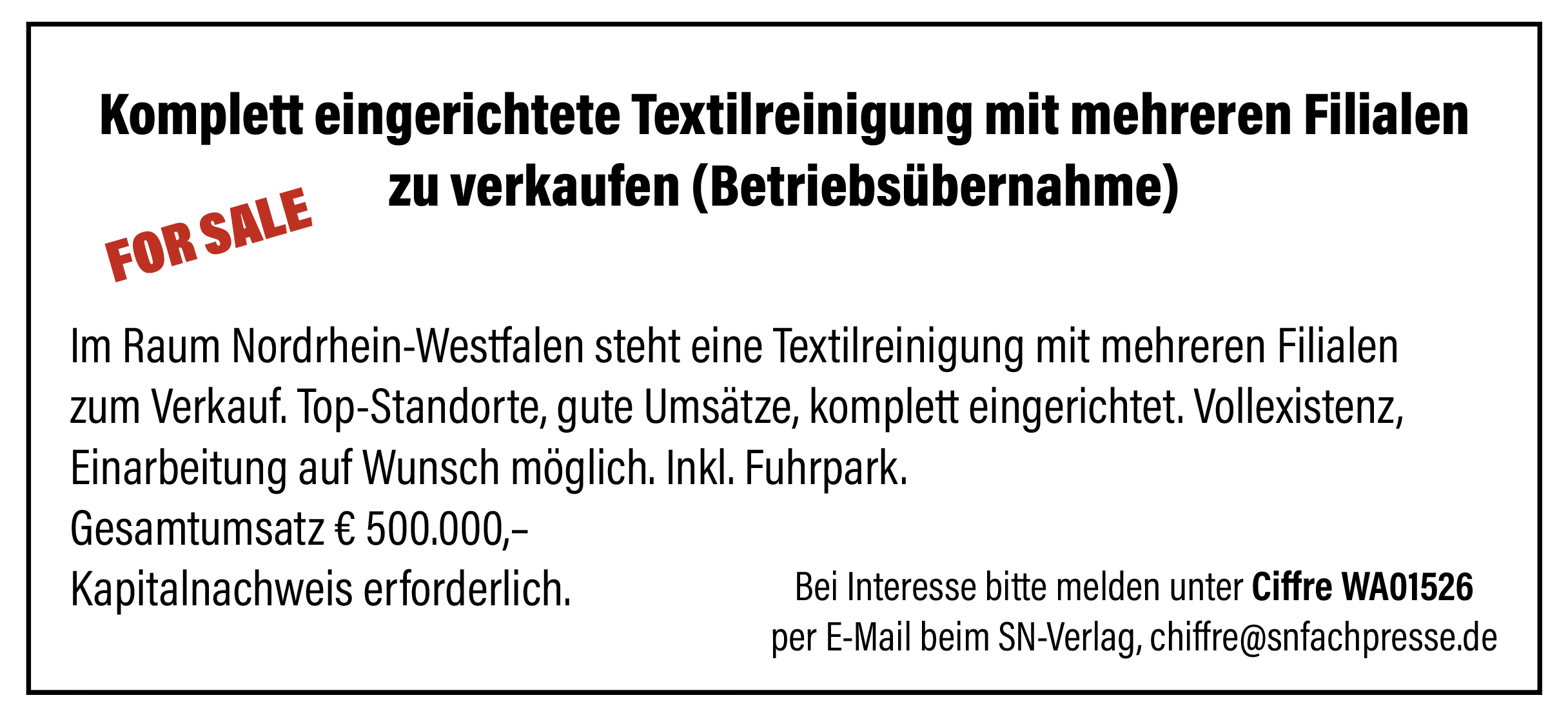 komplett eingerichtete Textilreinigung zu verkaufen