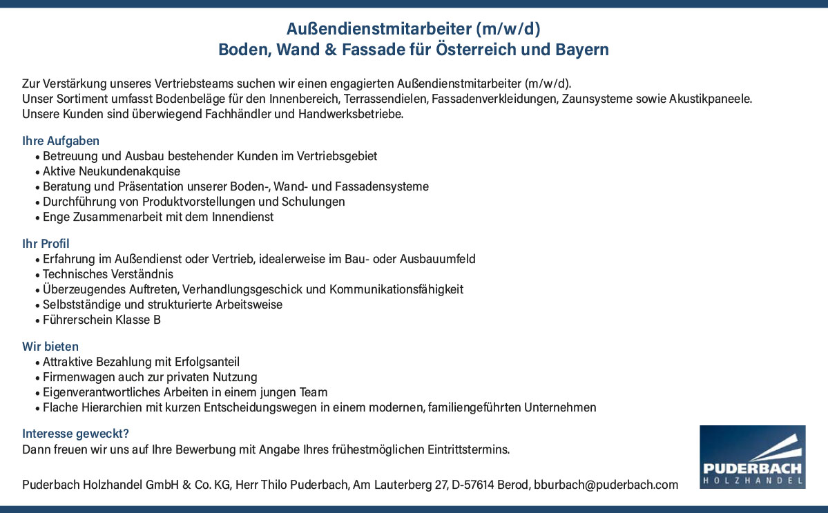 Außendienstmitarbeiter (m/w/d) Boden, Wand & Fassade für Österreich und Bayern