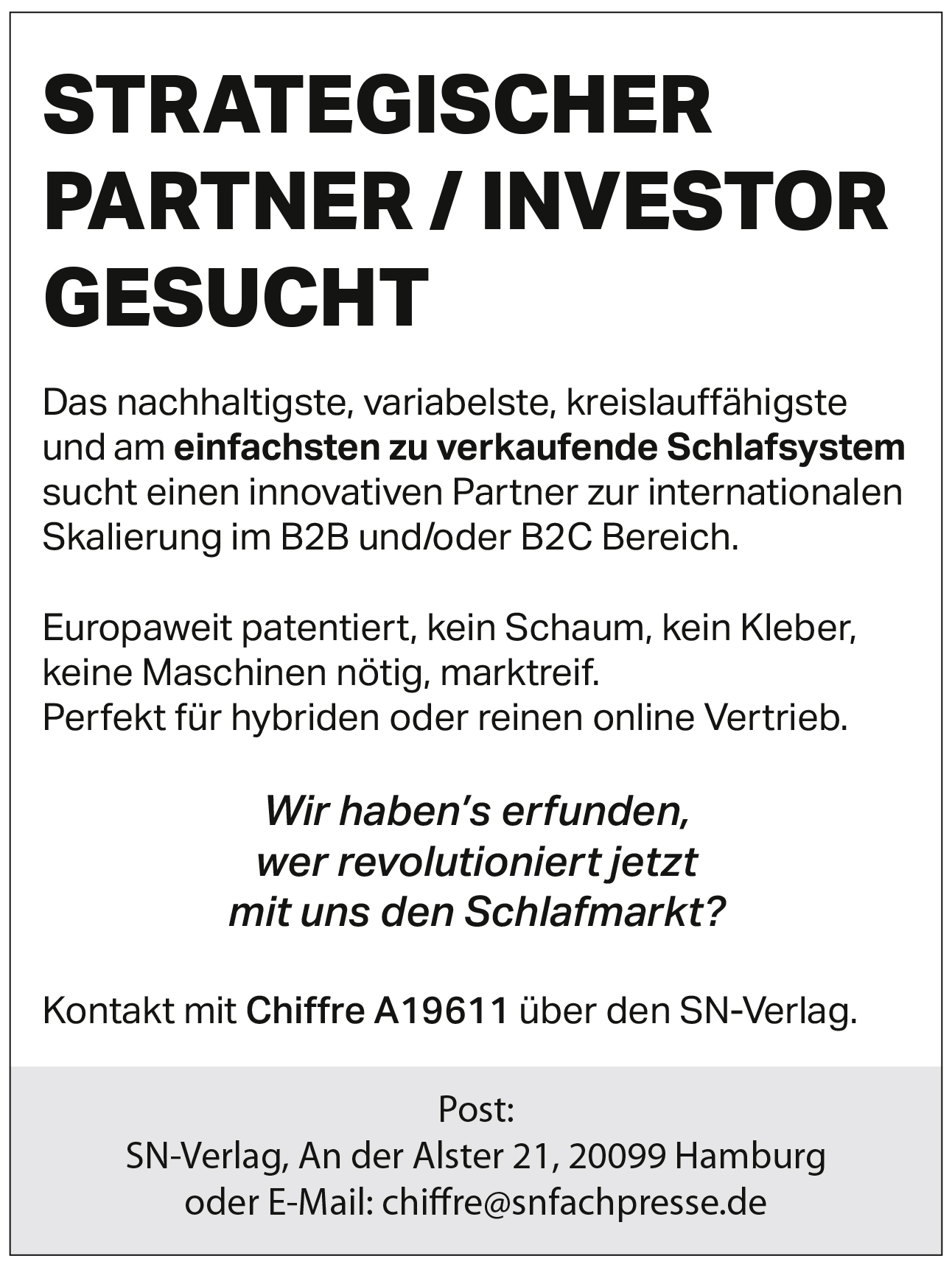 Entwickler von Schlafsystem sucht strategischen Partner/Investor