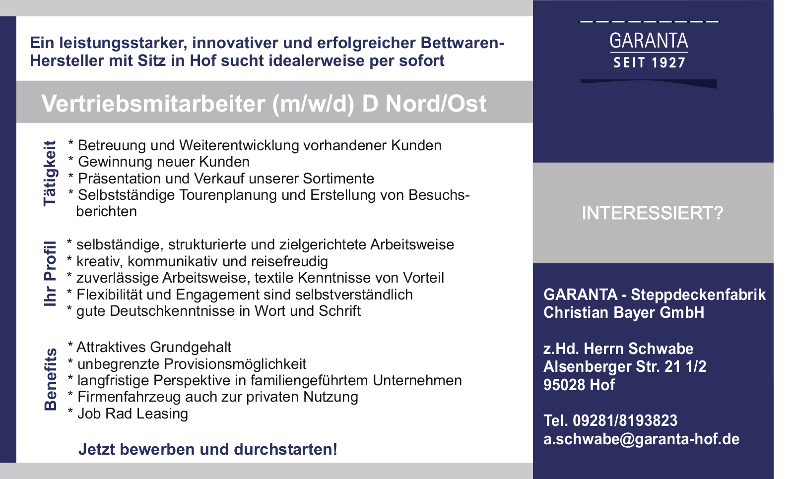 Vertriebsmitarbeiter (m/w/d) für Bettwaren